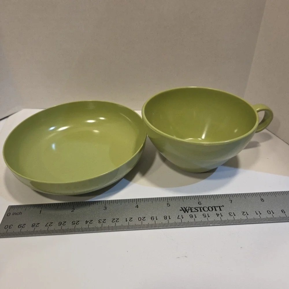 Vtg Prolon Melmac #7403 Olive Avocado Green Melamine Coffee Tea Cups Bowls Set 8